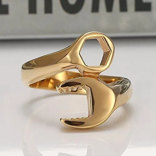 Men Gold Plated Stainless Steel Biker Mechanic Wrench Tool Ring