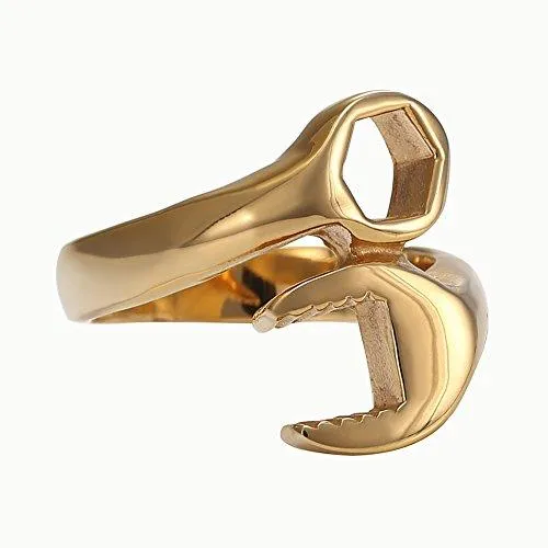 Men Gold Plated Stainless Steel Biker Mechanic Wrench Tool Ring