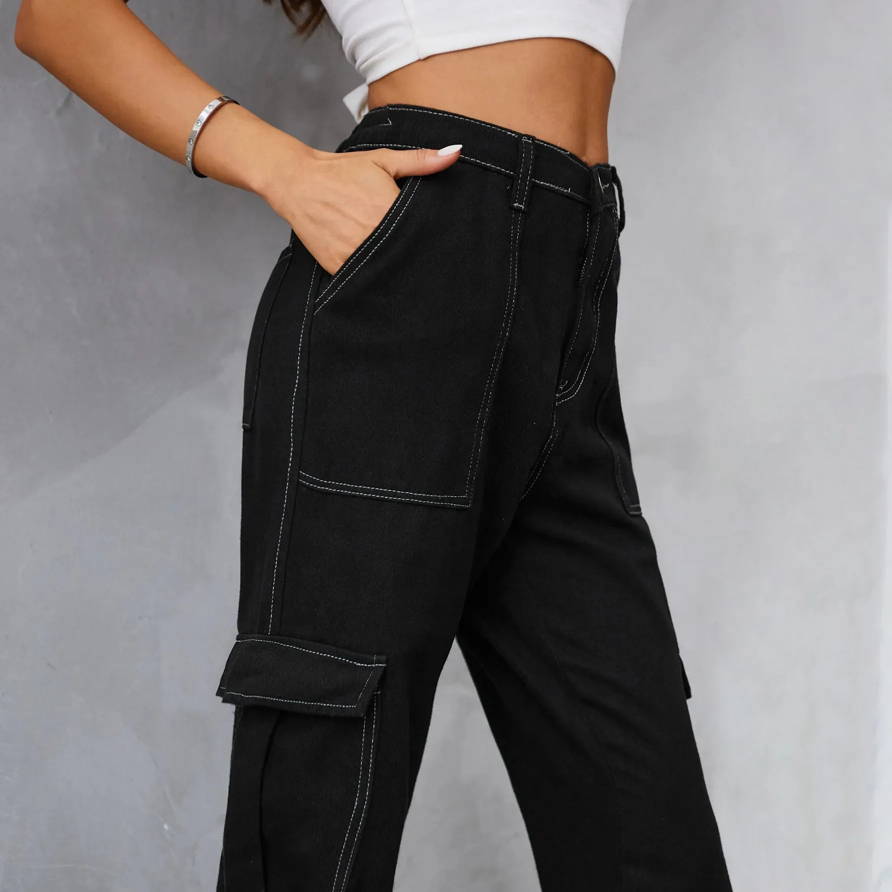 Amy Fashion - 2024 Vintage Baggy Wide Leg Streetwear Straight Denim Pockets Cargo Jean