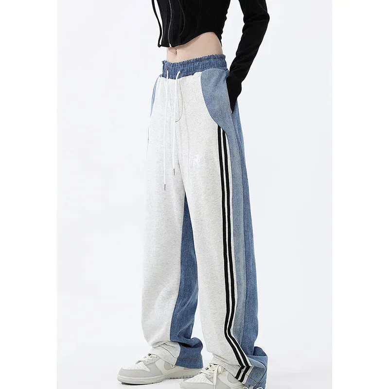 Amy Fashion - Contrast Color Women High Waist Straight Cropped High Street Drawstring Tie Up Sweatpants Cylinder Lady Wide Leg Jean