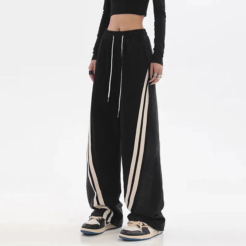 Amy Fashion - Contrast Color Women High Waist Straight Cropped High Street Drawstring Tie Up Sweatpants Cylinder Lady Wide Leg Jean