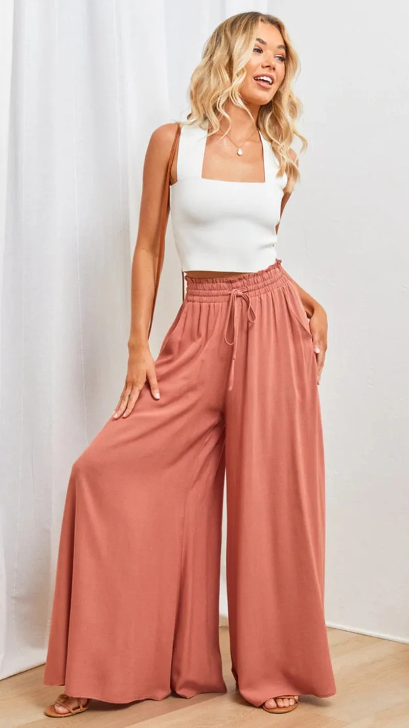 Ashore Shop Summer Wide Leg Pants Loose Casual Fashion Trousers Women Fashion Solid Color Lace-Up Pants