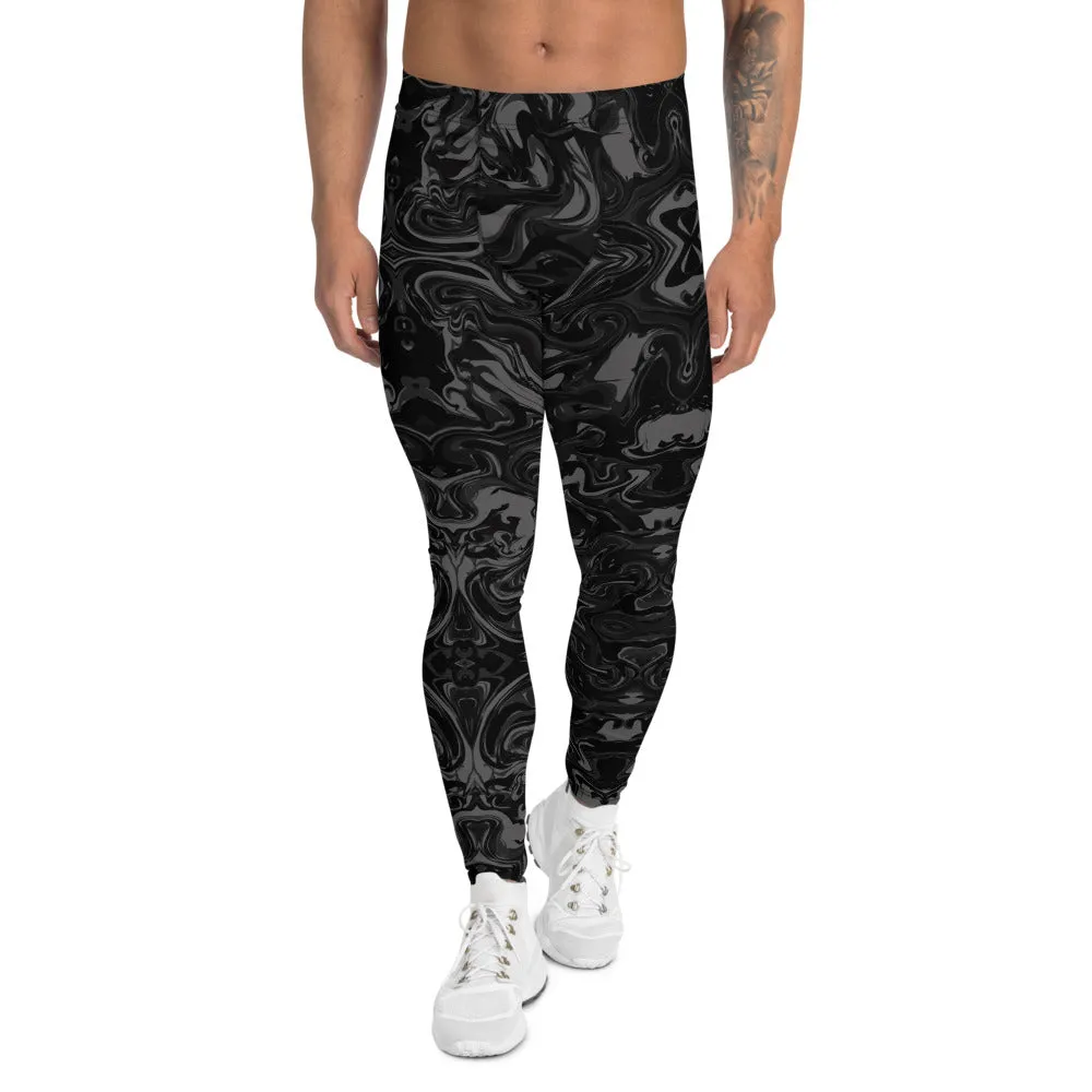 Black Abstract Men's Leggings, Marbled Print Compression Tights Meggings-Made in USA/EU