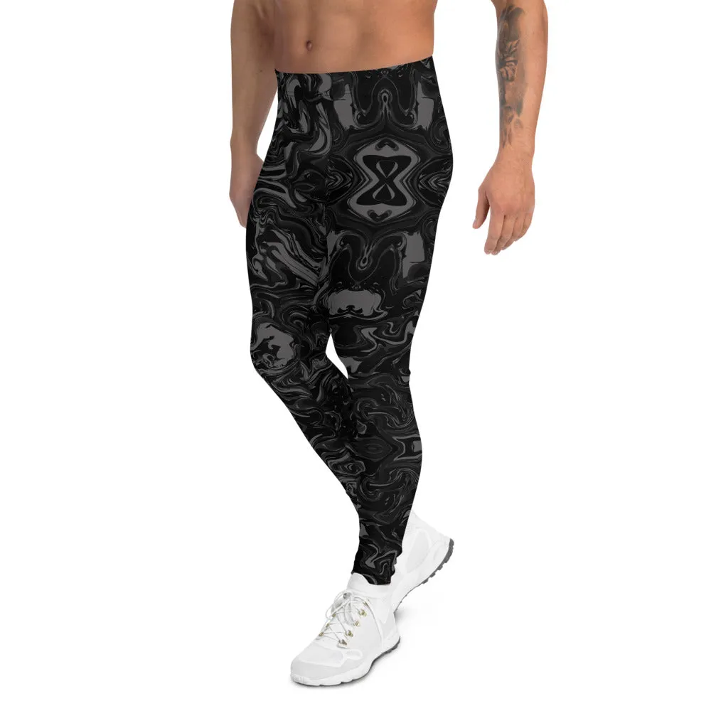 Black Abstract Men's Leggings, Marbled Print Compression Tights Meggings-Made in USA/EU