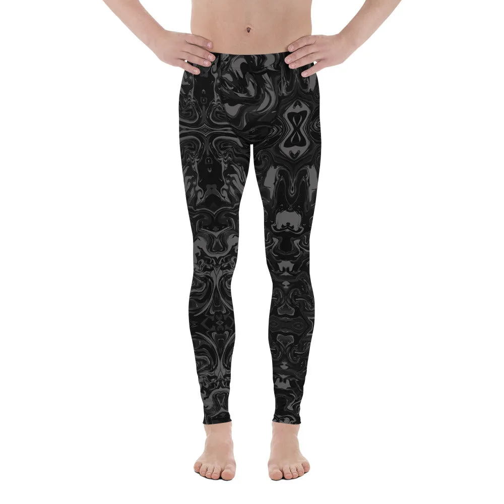 Black Abstract Men's Leggings, Marbled Print Compression Tights Meggings-Made in USA/EU