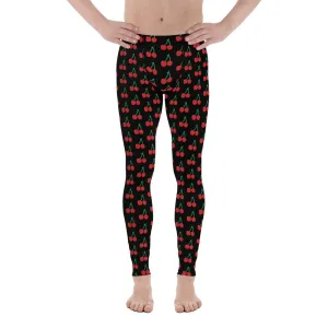 Black Cherries Men's Leggings, Red Cherry Print Meggings Sexy Run Tights-Made in USA/EU