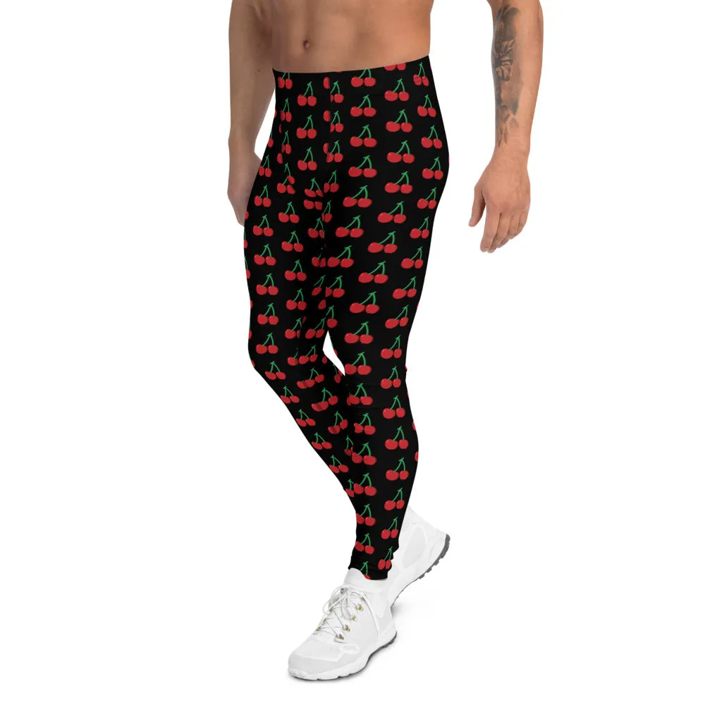 Black Cherries Men's Leggings, Red Cherry Print Meggings Sexy Run Tights-Made in USA/EU