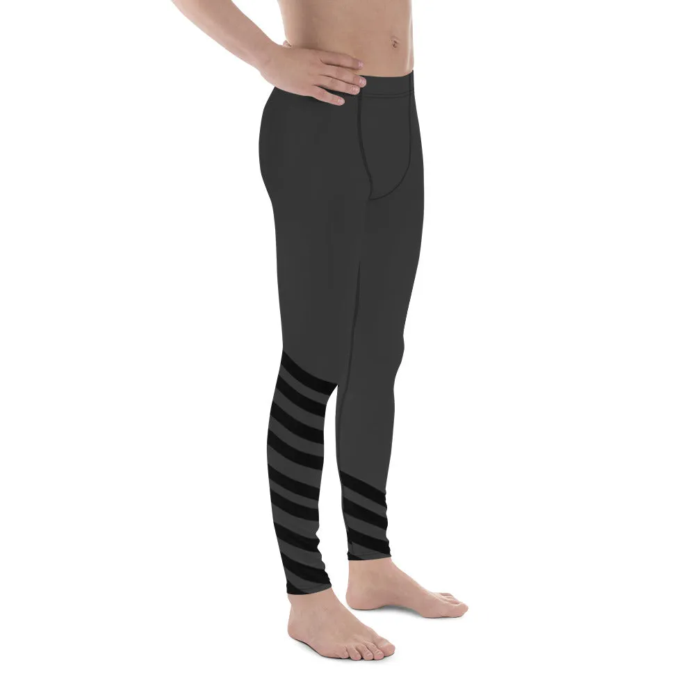 Black Gray Diagonal Striped Meggings, Athletic Running Leggings Run Tights-Made in USA/EU