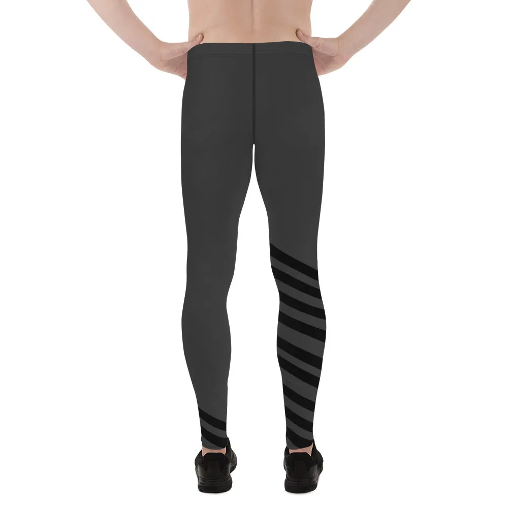 Black Gray Diagonal Striped Meggings, Athletic Running Leggings Run Tights-Made in USA/EU