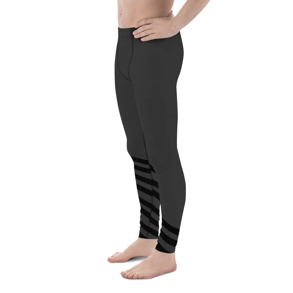 Black Gray Diagonal Striped Meggings, Athletic Running Leggings Run Tights-Made in USA/EU