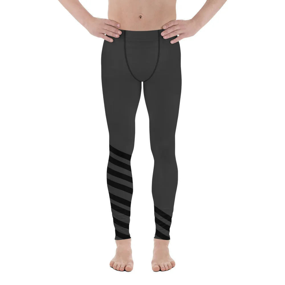 Black Gray Diagonal Striped Meggings, Athletic Running Leggings Run Tights-Made in USA/EU