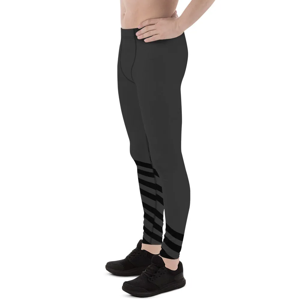 Black Gray Diagonal Striped Meggings, Athletic Running Leggings Run Tights-Made in USA/EU