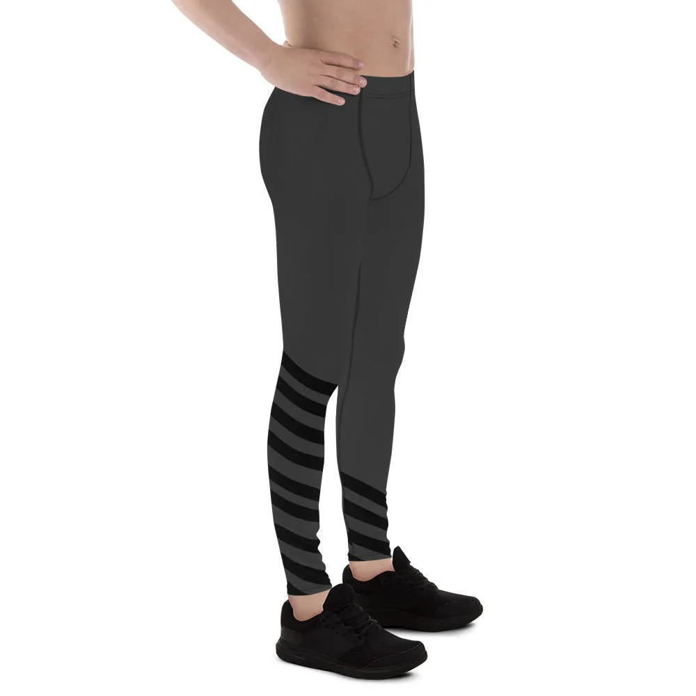 Black Gray Diagonal Striped Meggings, Athletic Running Leggings Run Tights-Made in USA/EU