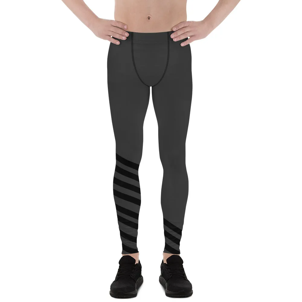 Black Gray Diagonal Striped Meggings, Athletic Running Leggings Run Tights-Made in USA/EU