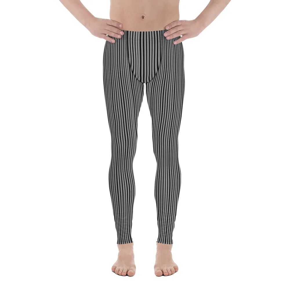 Black Gray Stripes Men's Leggings, Vertically Striped Meggings Compression Tights-Made in USA/EU