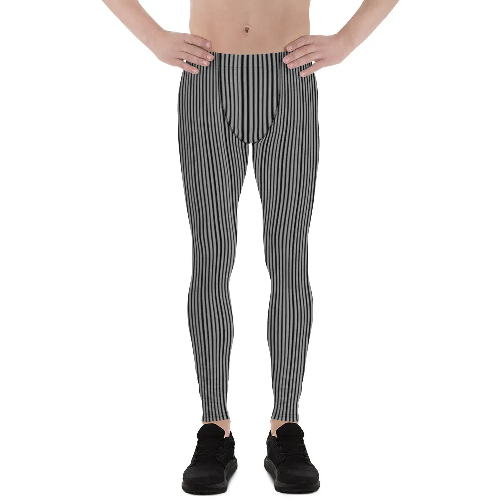 Black Gray Stripes Men's Leggings, Vertically Striped Meggings Compression Tights-Made in USA/EU