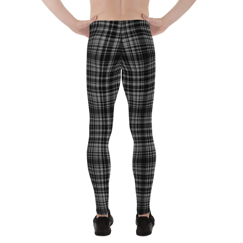 Black Gray Tartan Plaid Meggings, Men's Plaid Print Running Leggings Tights- Made in USA/EU