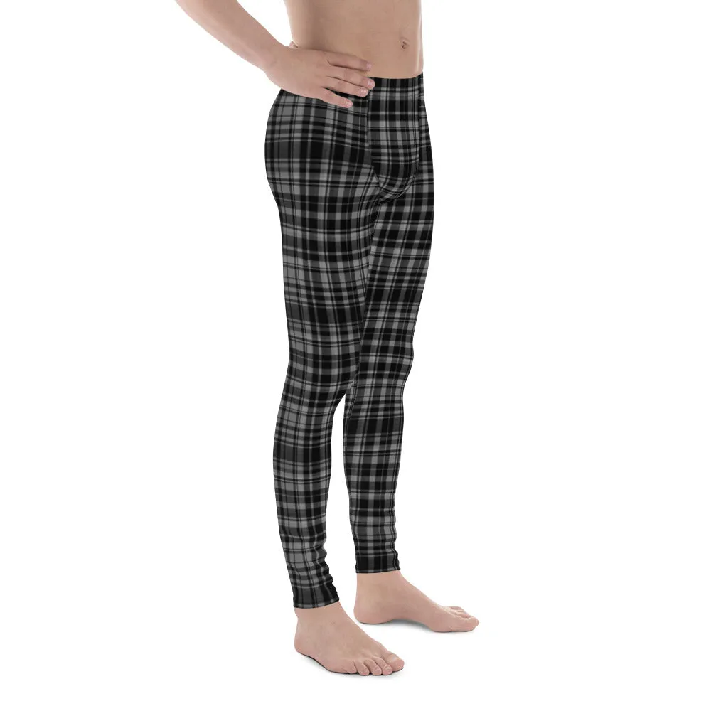 Black Gray Tartan Plaid Meggings, Men's Plaid Print Running Leggings Tights- Made in USA/EU