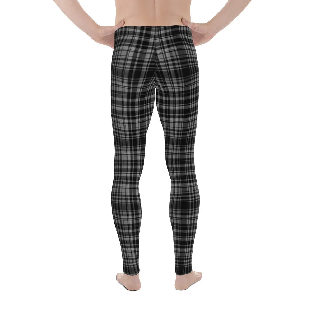 Black Gray Tartan Plaid Meggings, Men's Plaid Print Running Leggings Tights- Made in USA/EU