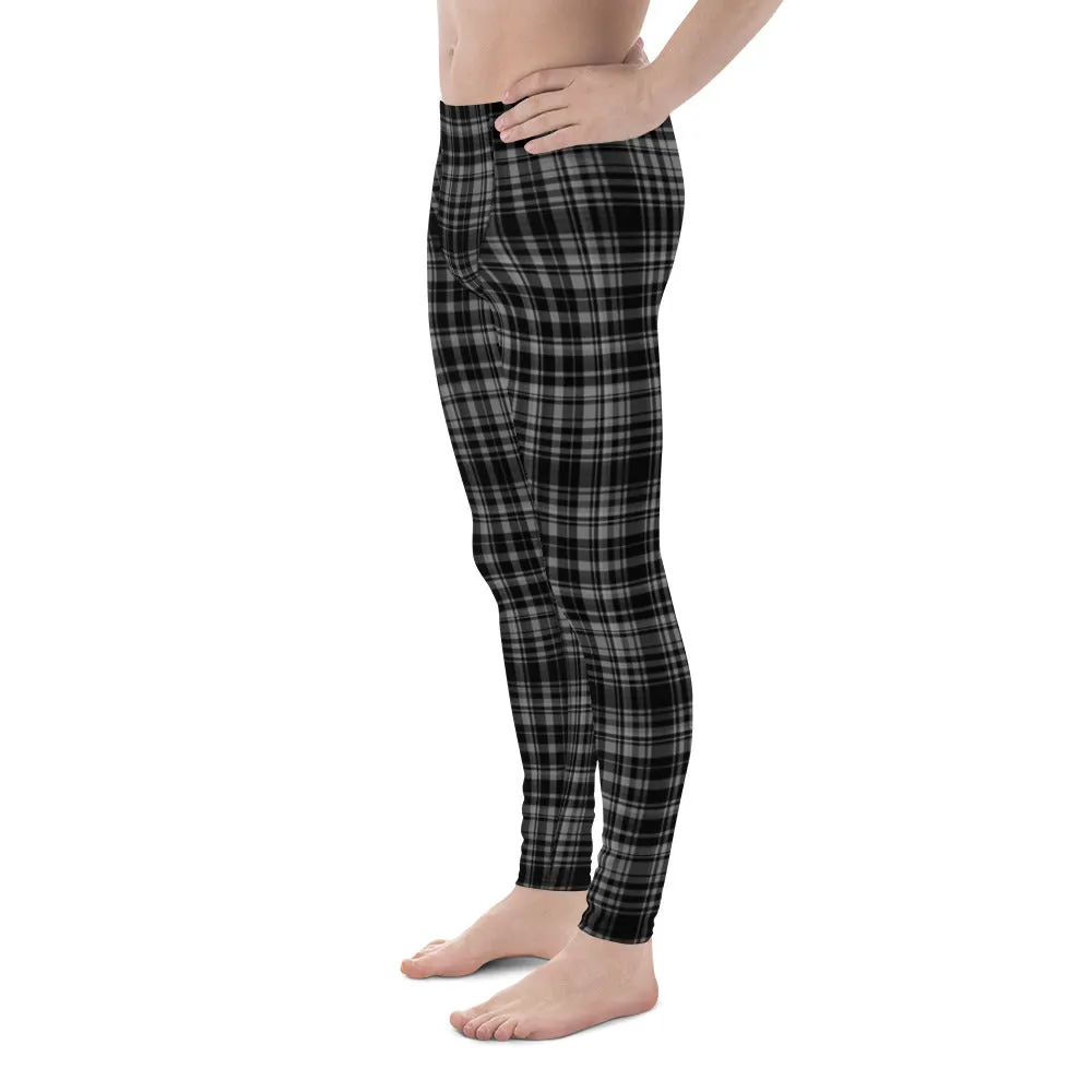 Black Gray Tartan Plaid Meggings, Men's Plaid Print Running Leggings Tights- Made in USA/EU