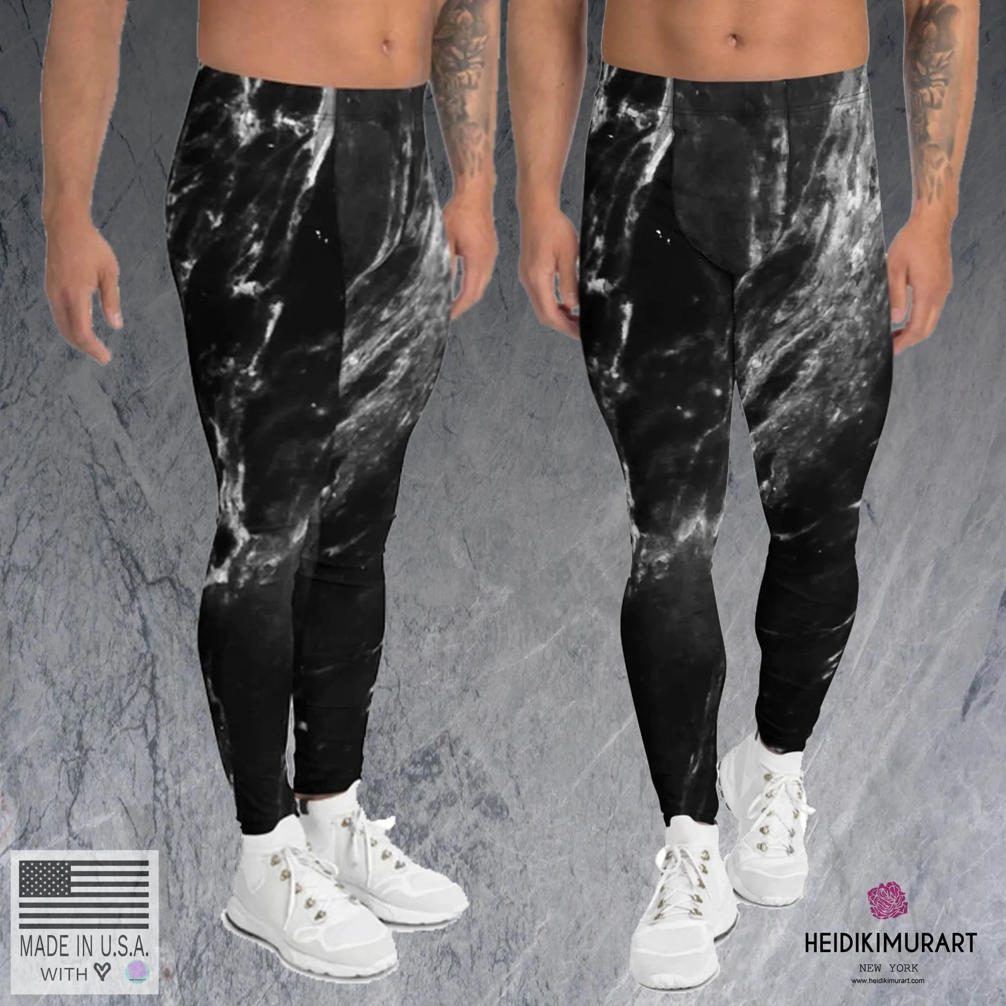 Black Grey Marble Meggings, Marbled Print Best Premium Men's Leggings-Made in USA/EU