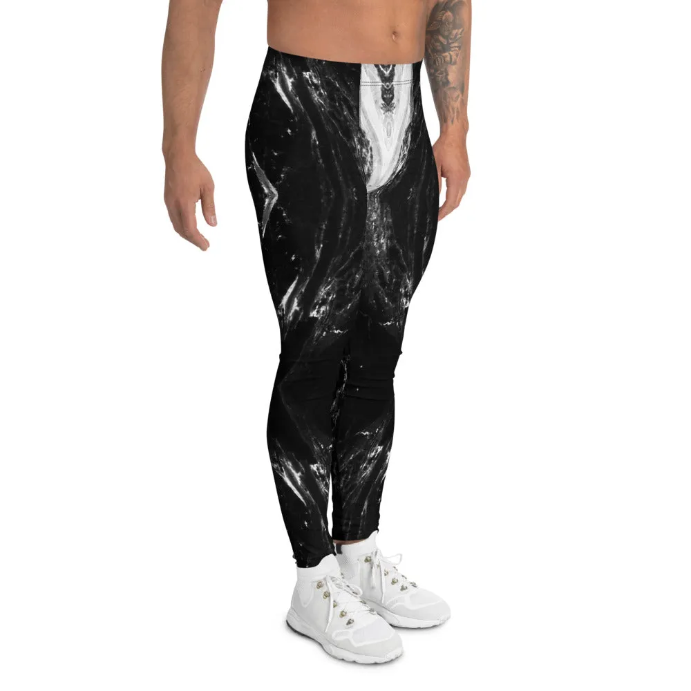 Black Marble Men's Leggings, Abstract Marble Print Premium Meggings-Made in USA/MX/EU