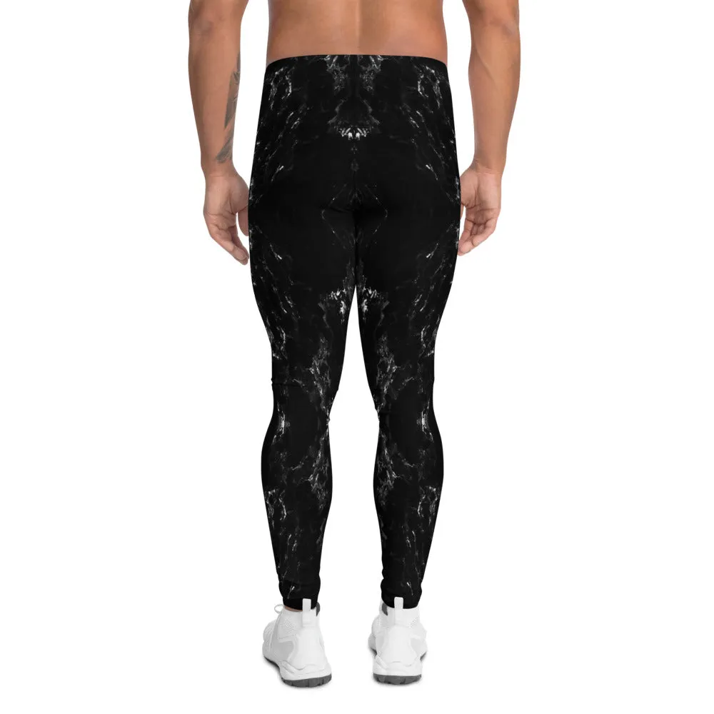 Black Marble Men's Leggings, Abstract Marble Print Premium Meggings-Made in USA/MX/EU