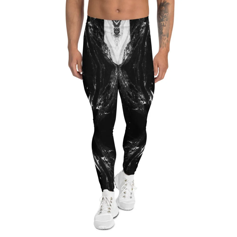 Black Marble Men's Leggings, Abstract Marble Print Premium Meggings-Made in USA/MX/EU