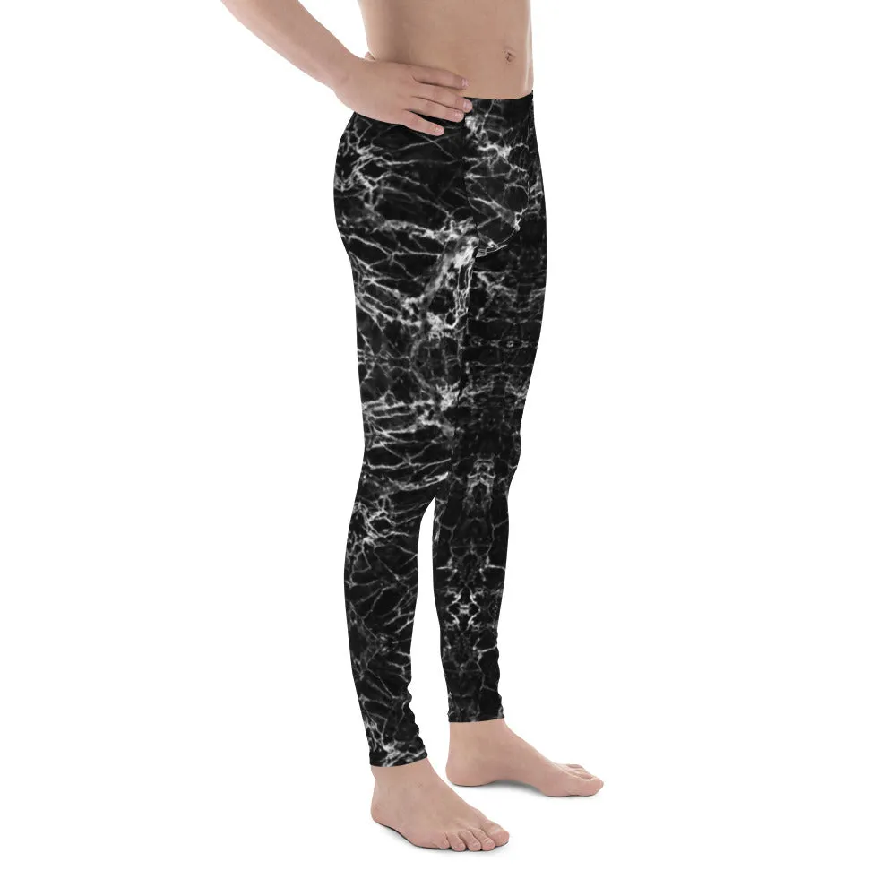 Black Marble Print Men's Leggings, Black White Marble Pattern Printed Meggings - Made in USA/EU