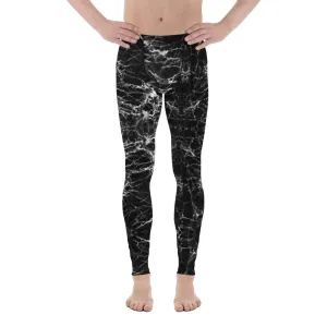 Black Marble Print Men's Leggings, Black White Marble Pattern Printed Meggings - Made in USA/EU