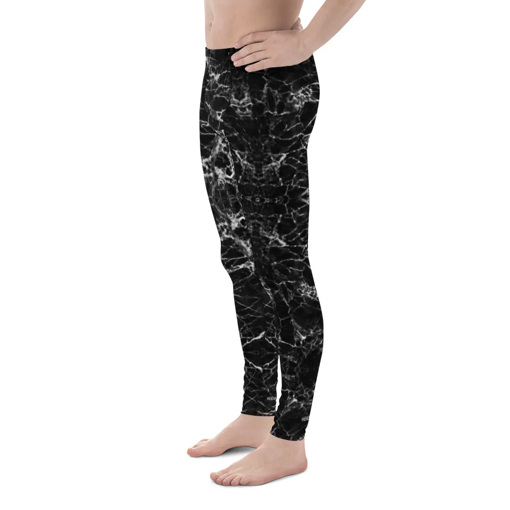 Black Marble Print Men's Leggings, Black White Marble Pattern Printed Meggings - Made in USA/EU