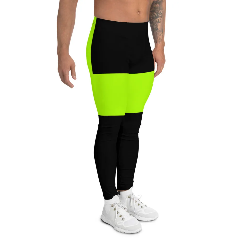 Black Neon Striped Men's Leggings, Best Premium Workout Meggings For Men-Made in USA/EU/MX