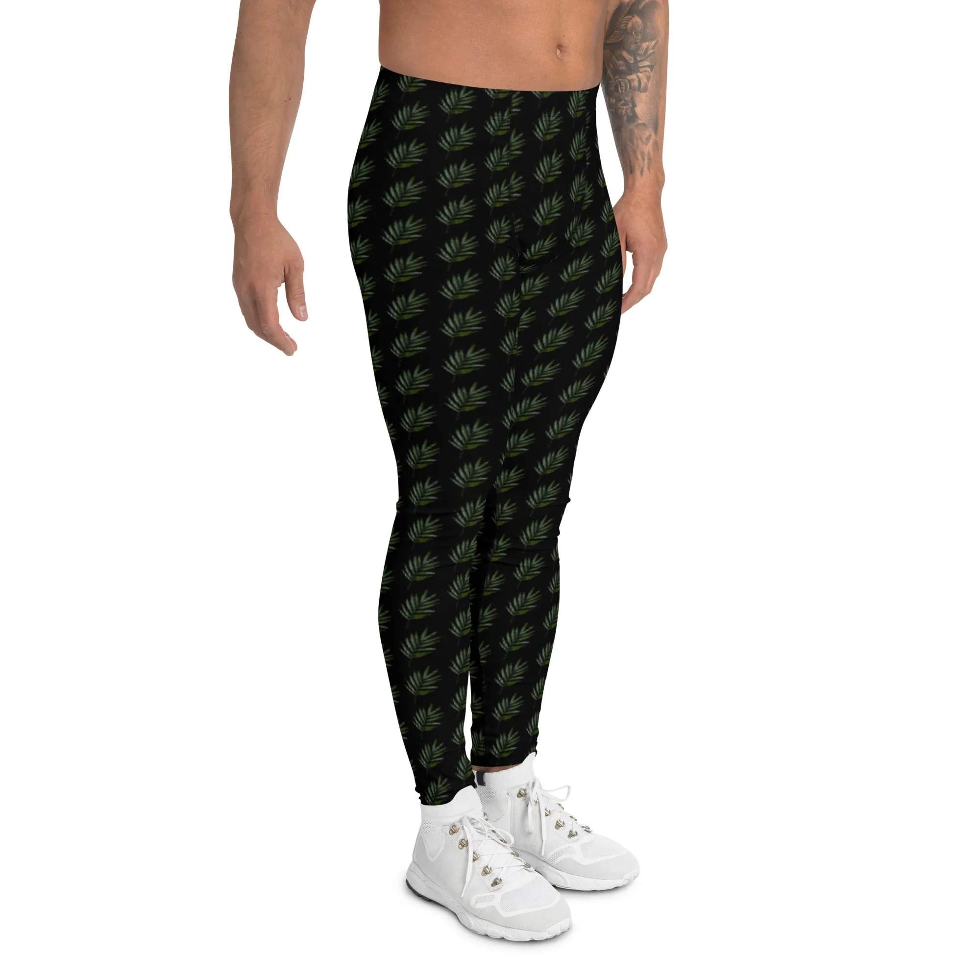 Black Palm Leaf Meggings, Best Men's Leggings Compression Tights For Men - Made in USA/EU/MX