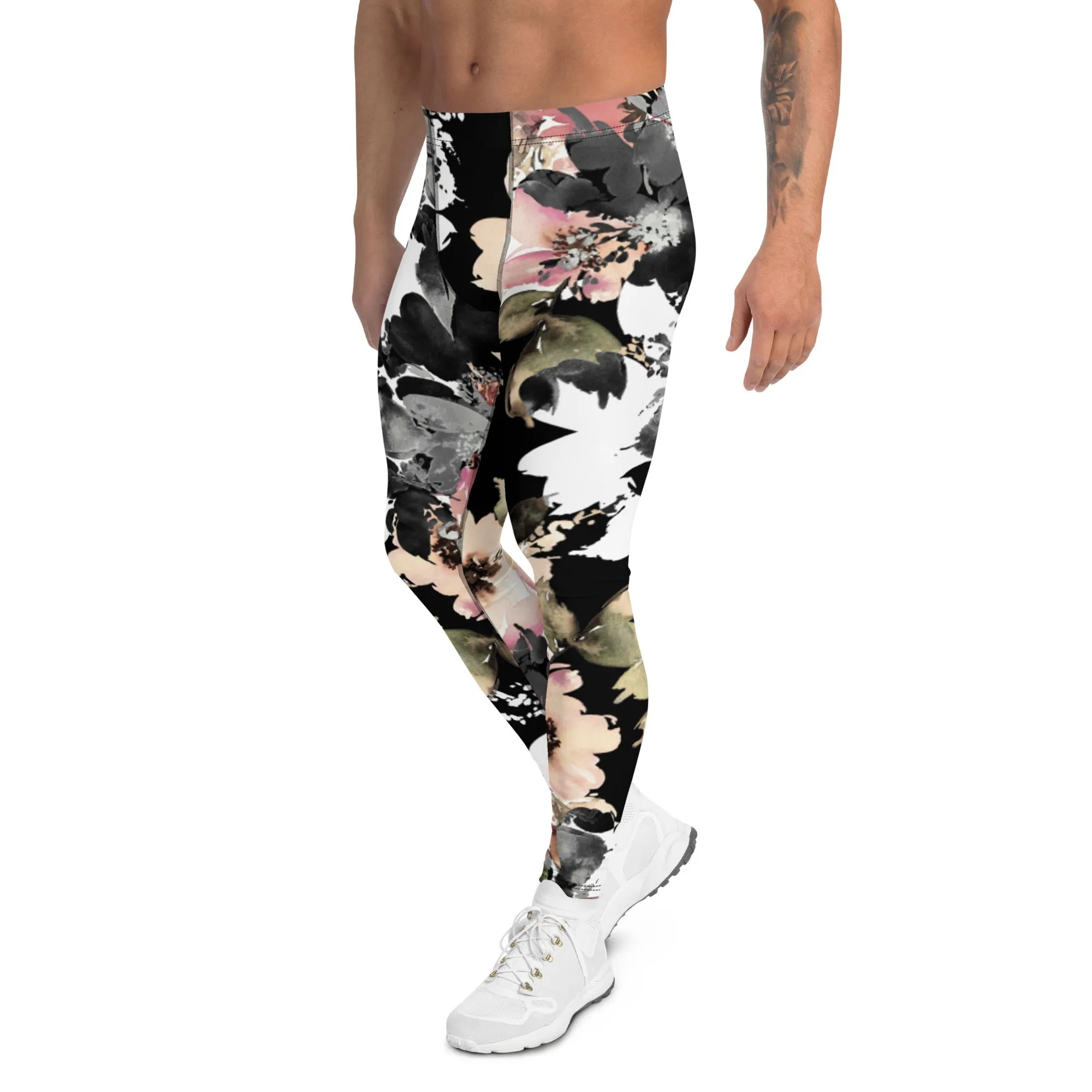 Black Pink Floral Men's Leggings, Classic Flower Print Best Designer Compression Tights For Men-Made in USA/EU/MX