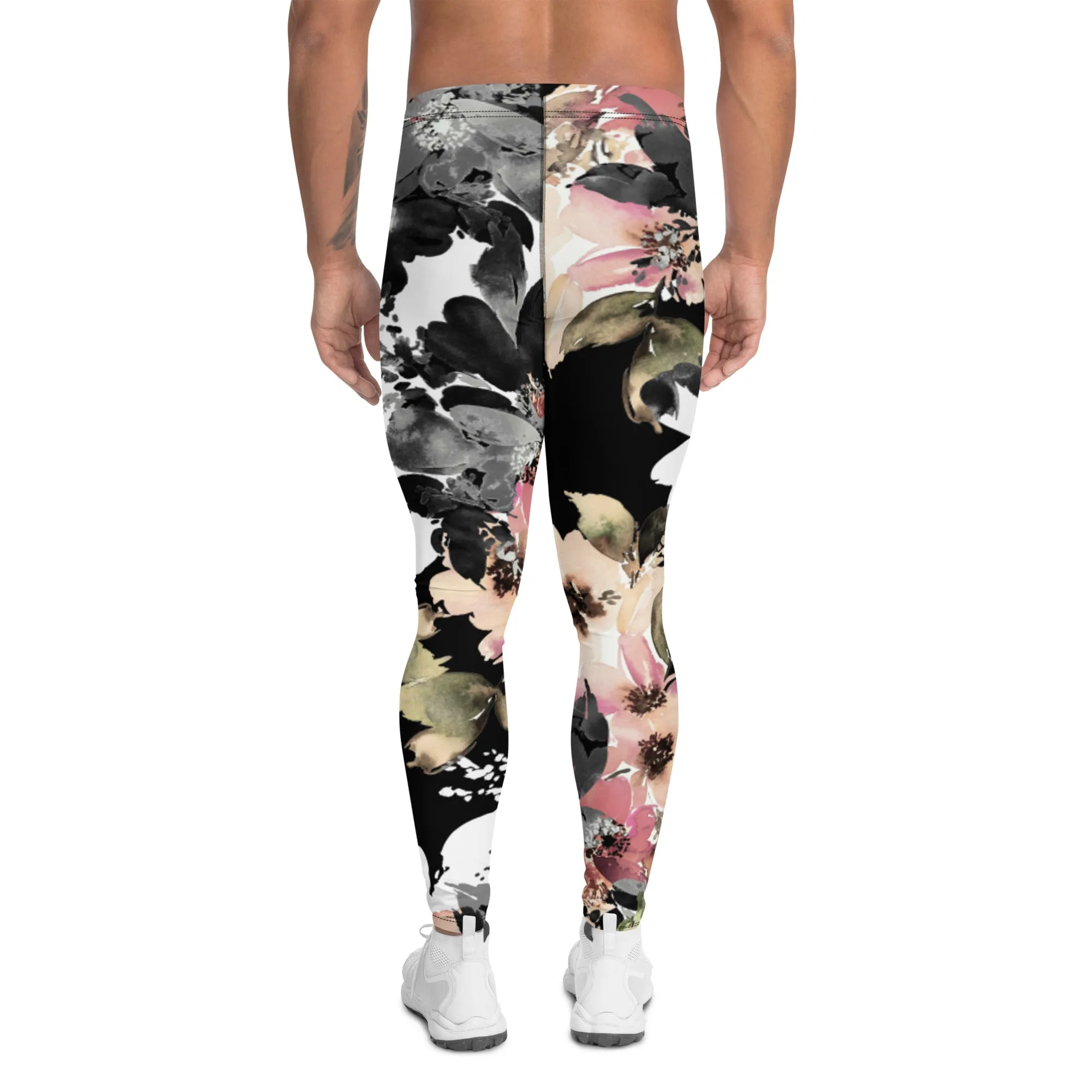 Black Pink Floral Men's Leggings, Classic Flower Print Best Designer Compression Tights For Men-Made in USA/EU/MX