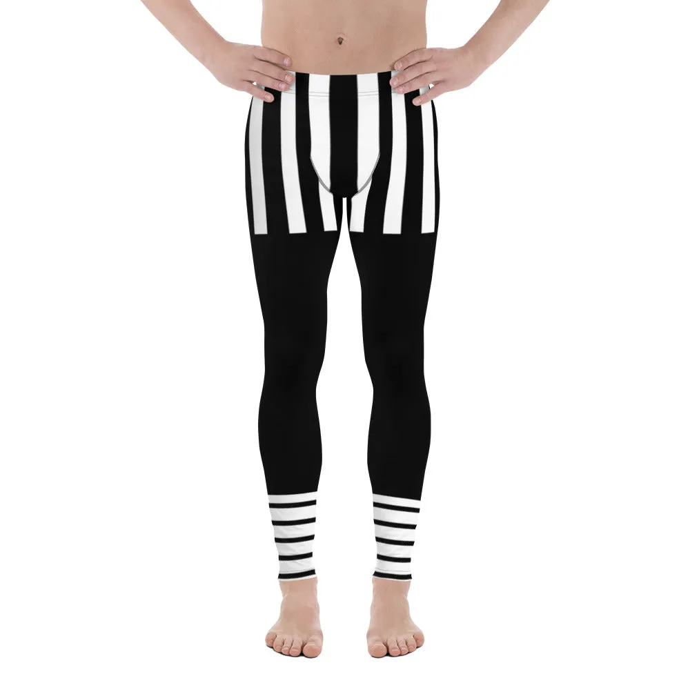 Black Striped Best Men's Leggings, Vertical Striped Black White Men's Running Tights - Made in USA/EU