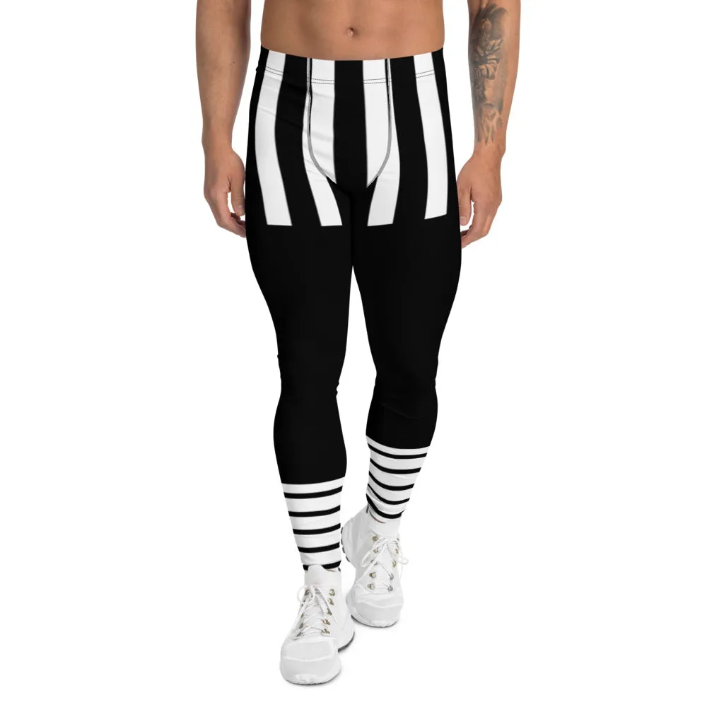 Black Striped Best Men's Leggings, Vertical Striped Black White Men's Running Tights - Made in USA/EU