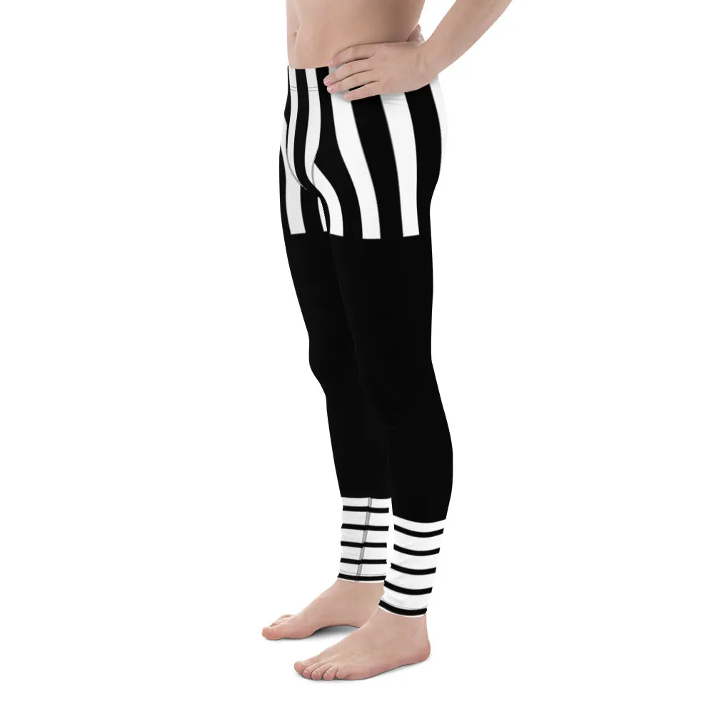 Black Striped Best Men's Leggings, Vertical Striped Black White Men's Running Tights - Made in USA/EU