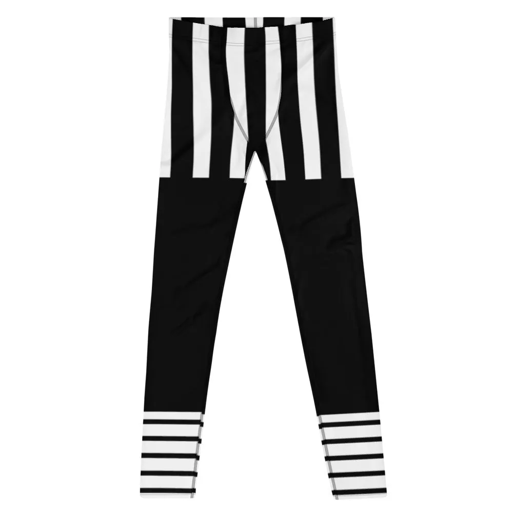 Black Striped Best Men's Leggings, Vertical Striped Black White Men's Running Tights - Made in USA/EU