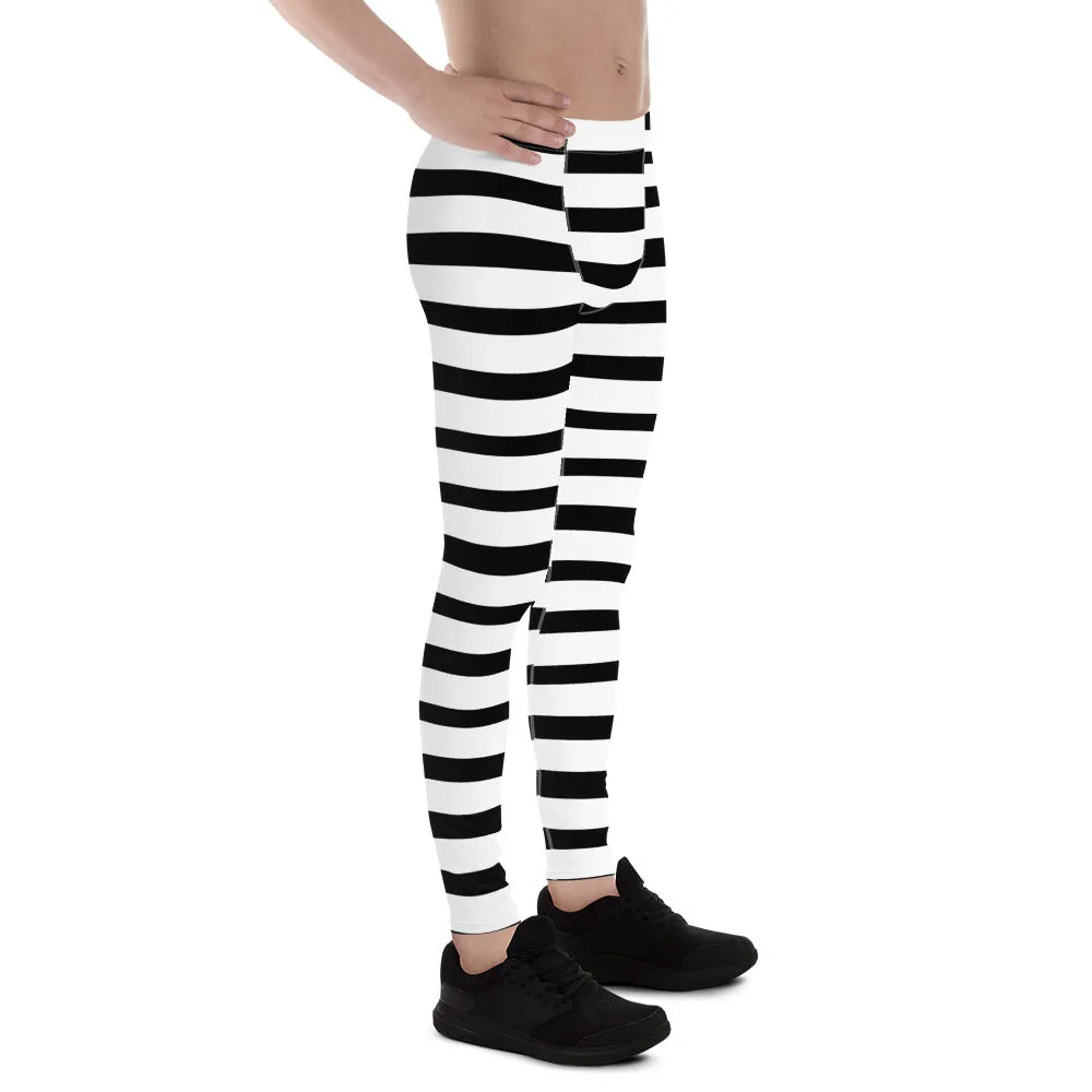 Black Striped Horizontal Print Meggings, White Stripe Horizontal Premium Men's Leggings-Made in USA/EU