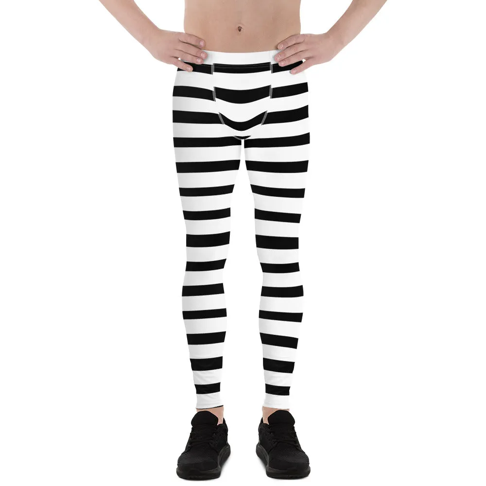 Black Striped Horizontal Print Meggings, White Stripe Horizontal Premium Men's Leggings-Made in USA/EU