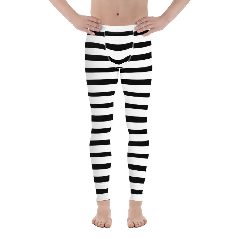 Black Striped Horizontal Print Meggings, White Stripe Horizontal Premium Men's Leggings-Made in USA/EU