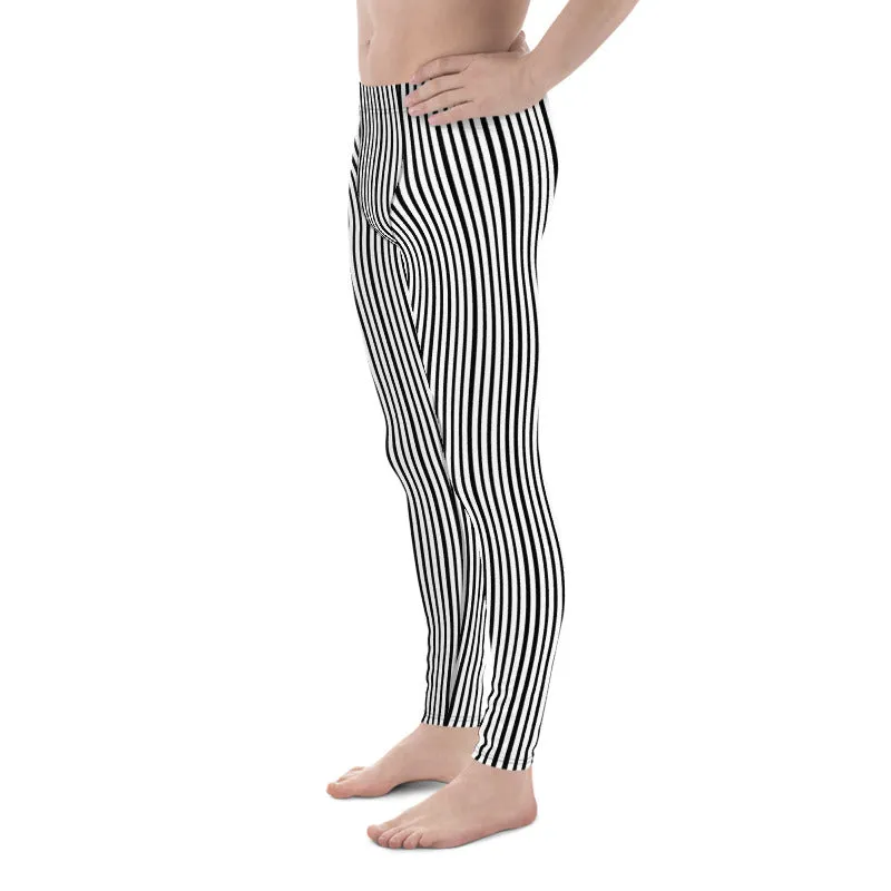 Black Striped Print Designer Meggings, Black and White Vertical Stripes Premium Men's Gym Leggings -Made in USA/EU