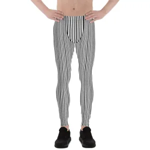 Black Striped Print Designer Meggings, Black and White Vertical Stripes Premium Men's Gym Leggings -Made in USA/EU