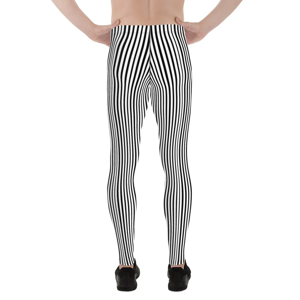 Black Striped Print Designer Meggings, Black and White Vertical Stripes Premium Men's Gym Leggings -Made in USA/EU