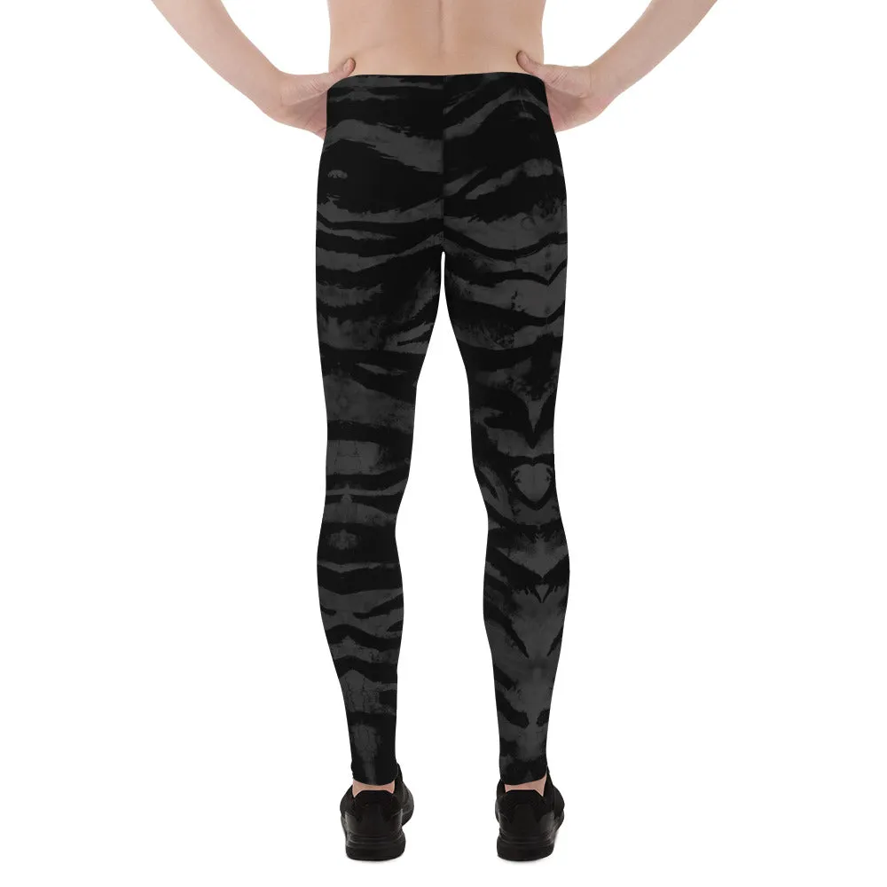 Black Tiger Striped Men's Leggings, Animal Print Meggings Run Tights-Made in USA/EU