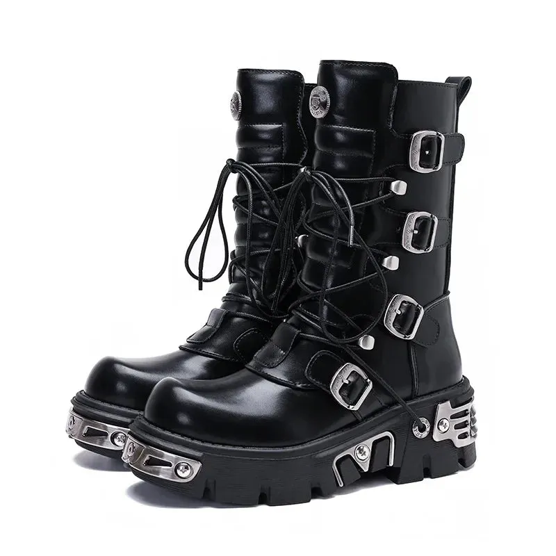 Women Punk Biker Boots Winter Black Leather Bellow Knee Boots