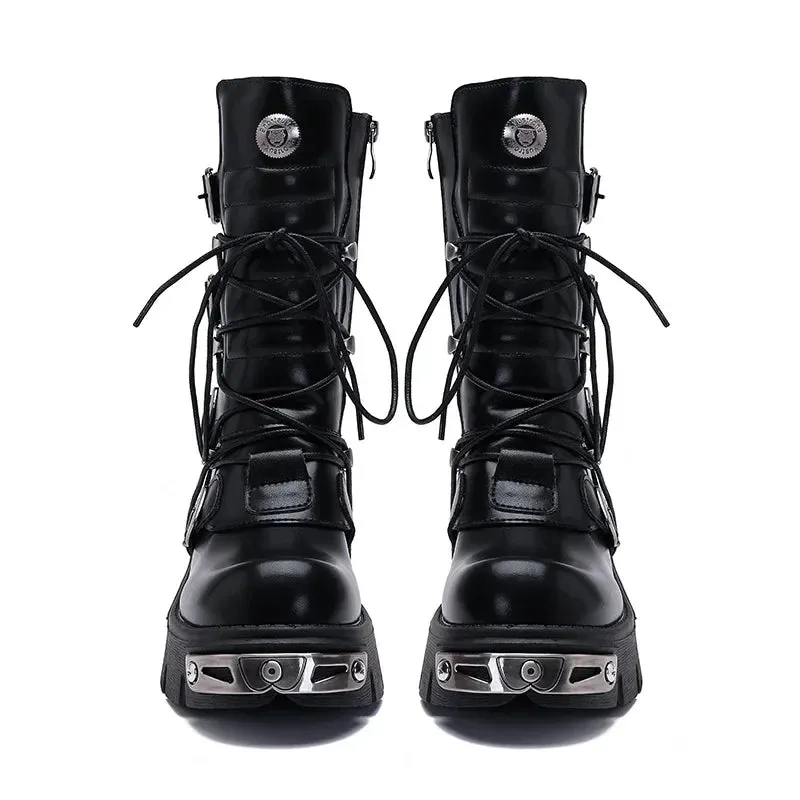 Women Punk Biker Boots Winter Black Leather Bellow Knee Boots