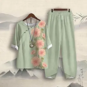 Boho Chic Womens 2-Piece Cotton Outfit Set with Wide Leg Pants - Stylish Casual Suit 0010070