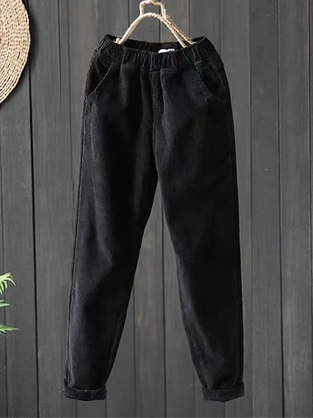 Skinny Corduroy Fleece Pants for Women - Black/Pink, Sizes M-L